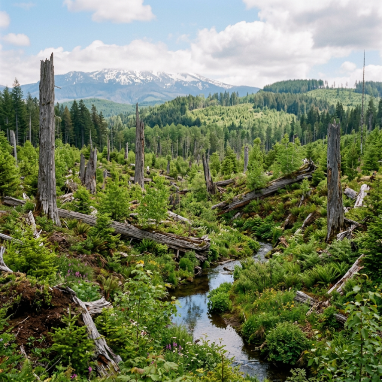 Stream winding through a lush forest of fallen trees beneath a snow-capped mountain