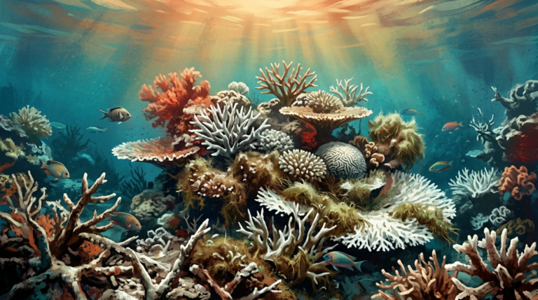 Colorful coral reef with tropical fish beneath underwater sunbeams