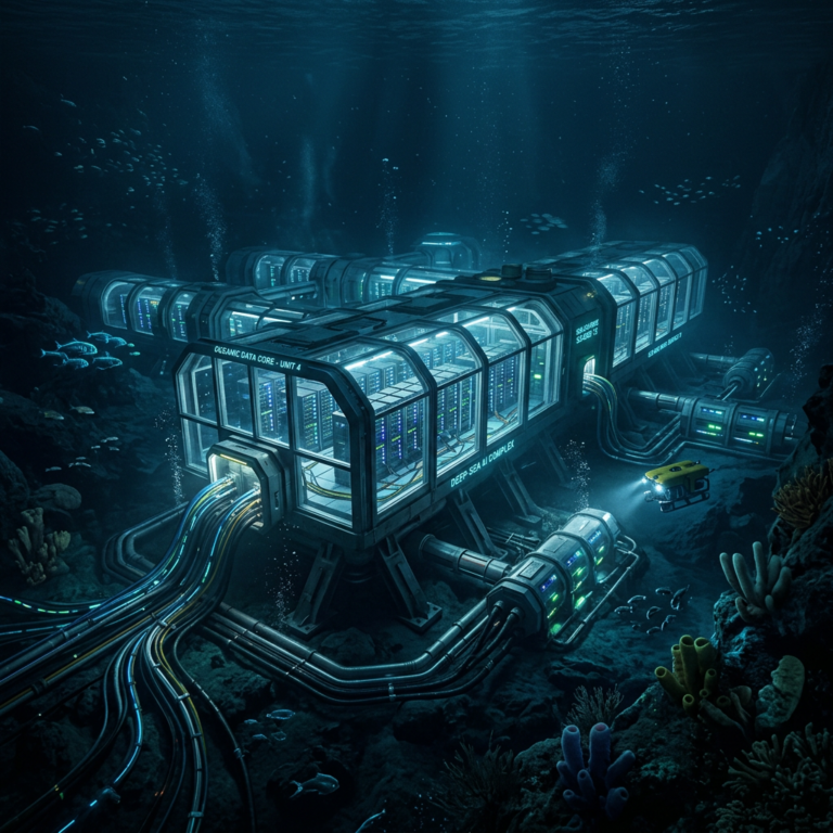 Underwater data center labeled OCEANIC DATA CORE - UNIT 4 and DEEP SEA AI COMPLEX