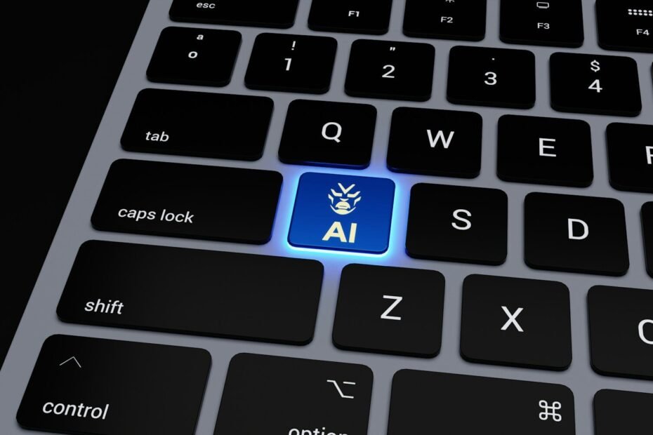 a computer keyboard with a blue light on it